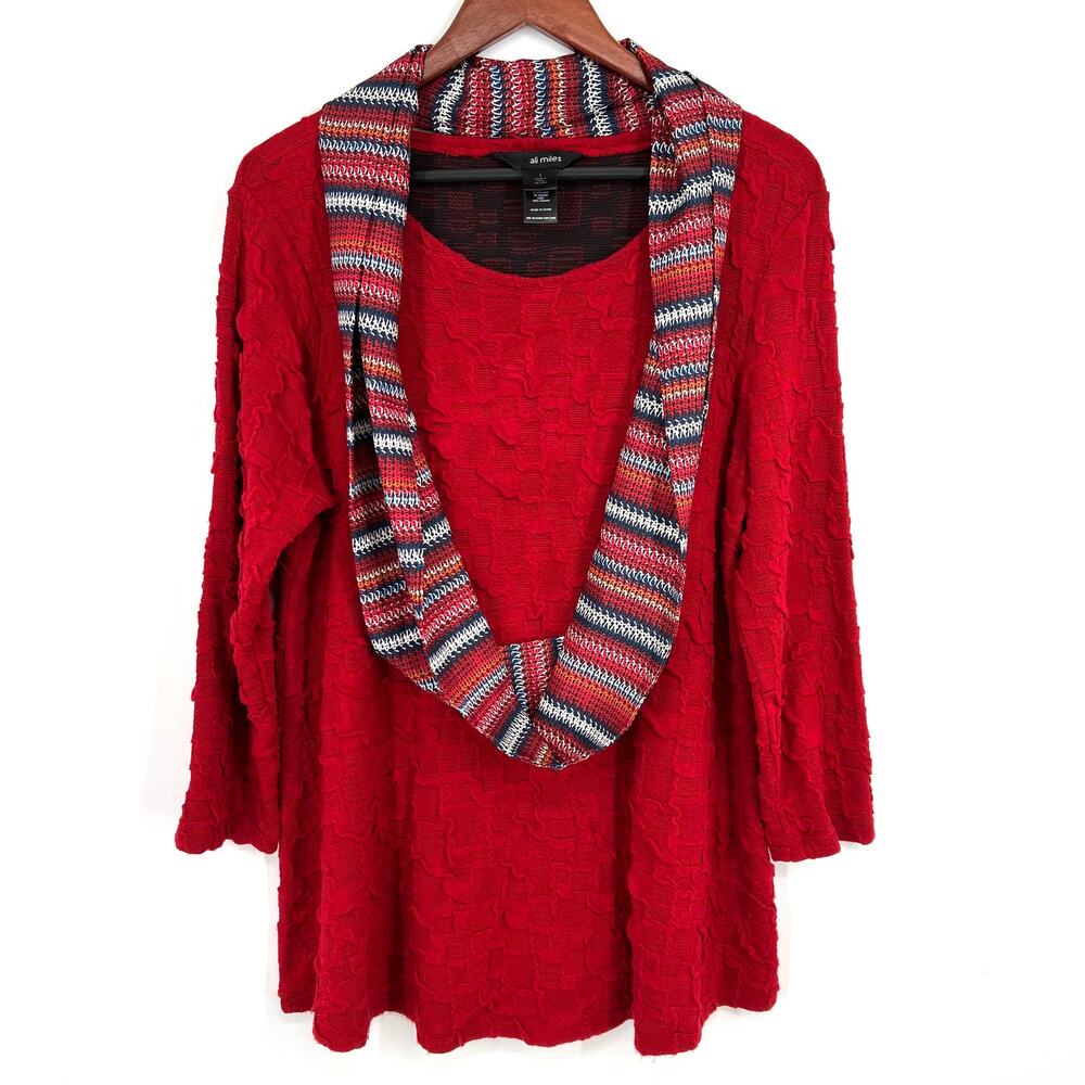 Ali Miles Womens Size Large Red Scarfed Blouse Shirt Top Wearable Art Christmas